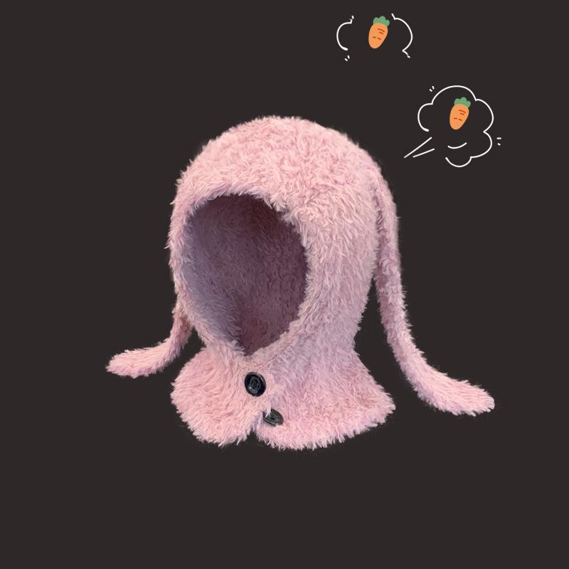 Cute Plush Long Eared Rabbit Hat Female Concave Design Warm Ear Protection Balakla Hat Autumn/Winter Hoodie