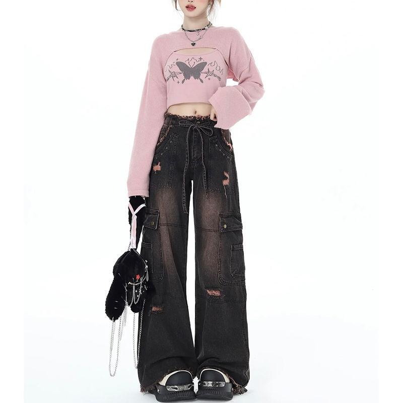 Y2K Vintage Hög midja Harajuku Lös Jeans Byxor Koreansk Mode Dam Grunge Vida Ben Oversized Denim Byxor Kvinnokläder