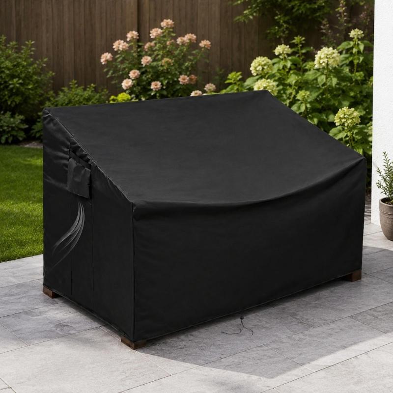 600D Fabric Patio Loveseat Cover with Rain and Debris Barrier, Bottom Cord Closure, 2 Side Fasteners, and Storage Pocket