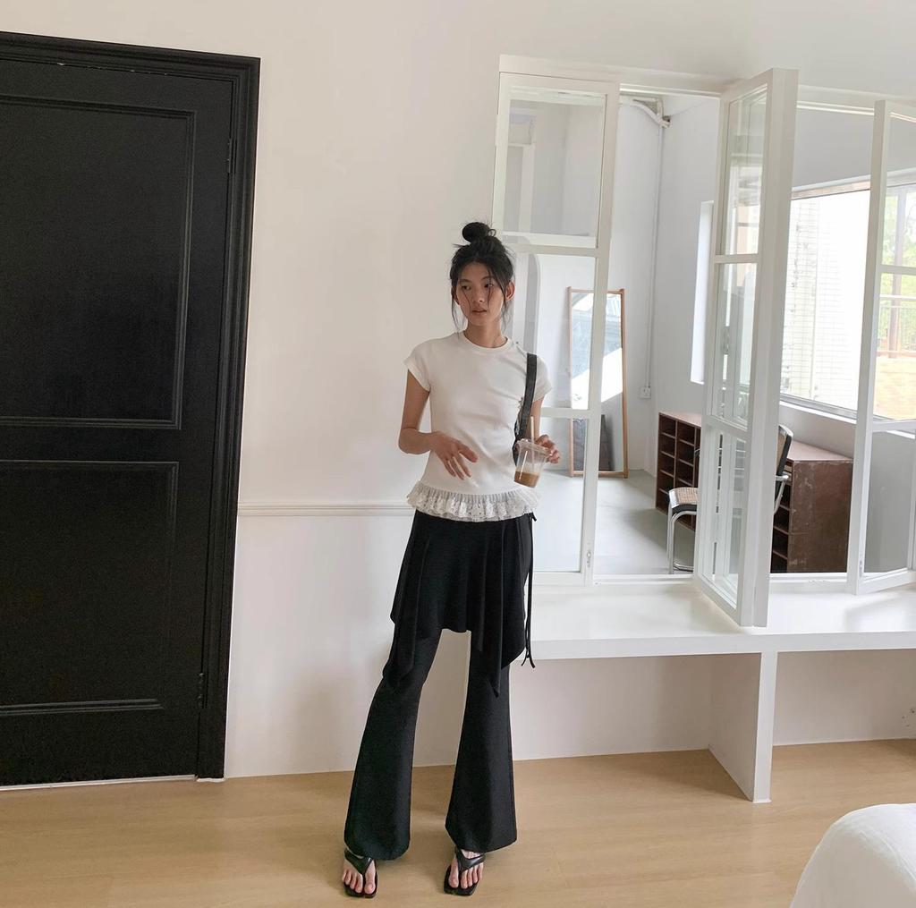 Women's White Lace-Trimmed Ballet-Style Slim Fit Short Sleeve T-Shirt - Summer 2025 Collection