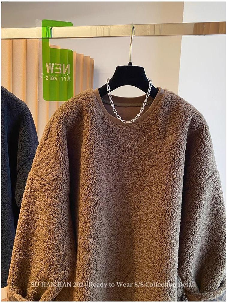 High-End Lazy Style Round Neck Sweatshirt - Imitation Lamb's Wool, Solid Color, Thickened for Autumn/Winter, 2025 Collection.