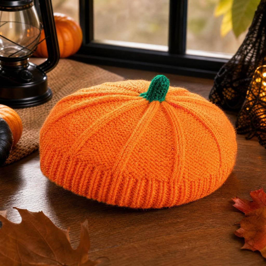 Warm Pumpkin Orange Knitted Beret Hat for Adults Halloween Costume Accessory