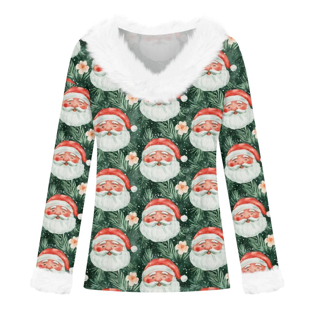 Women's Casual Long Sleeve Christmas Print Top with Plush Collar