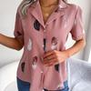Women Summer Short Sleeve Lapel Feather Printed Casual Office Shirt Blouse Top