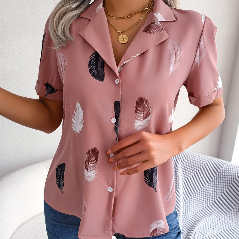 Women Summer Short Sleeve Lapel Feather Printed Casual Office Shirt Blouse Top