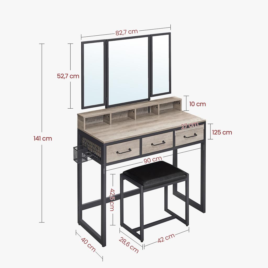 VASAGLE RVT004B02 Dressing Table with Padded Stool, Triple Mirror, 3 Drawers, Hair Dryer Holder, Pot, Industrial Style, Grey and Black
