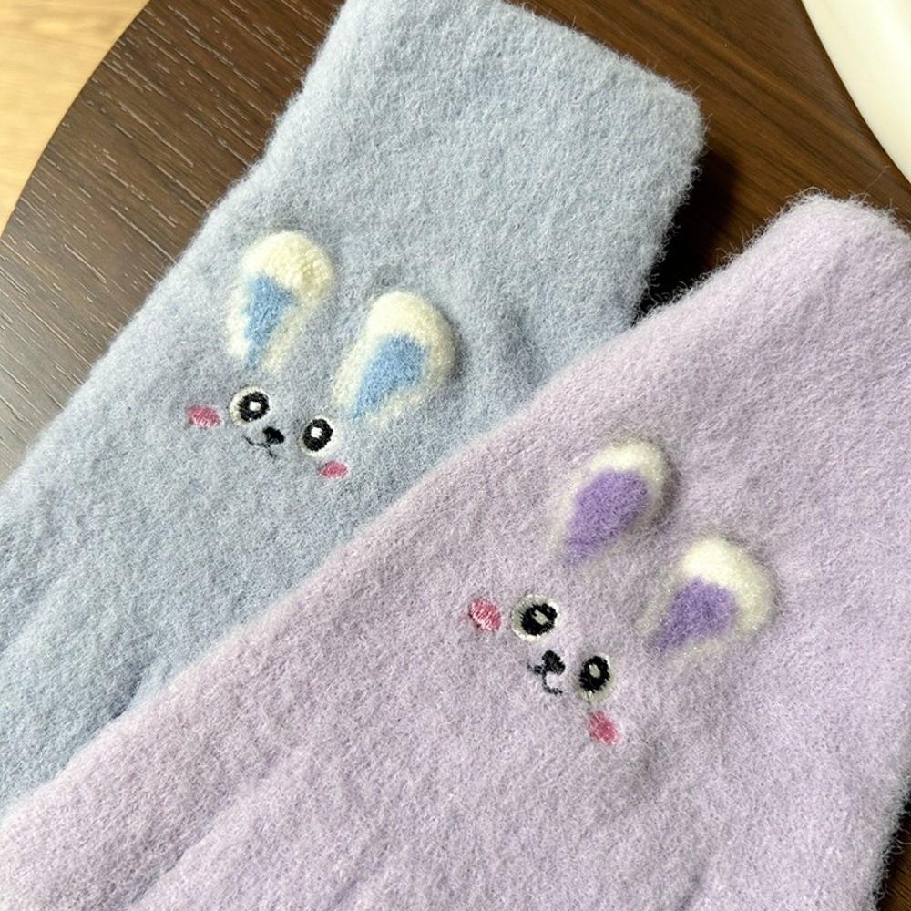 Daily Use Full Finger Embroidered Gloves Rabbit Pattern Winter Warm Gloves Outdoor Wear
