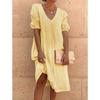 Women's V Neck Three Quarter Sleeve Loose Linen Midi Dress Casual Summer Tunic Dress