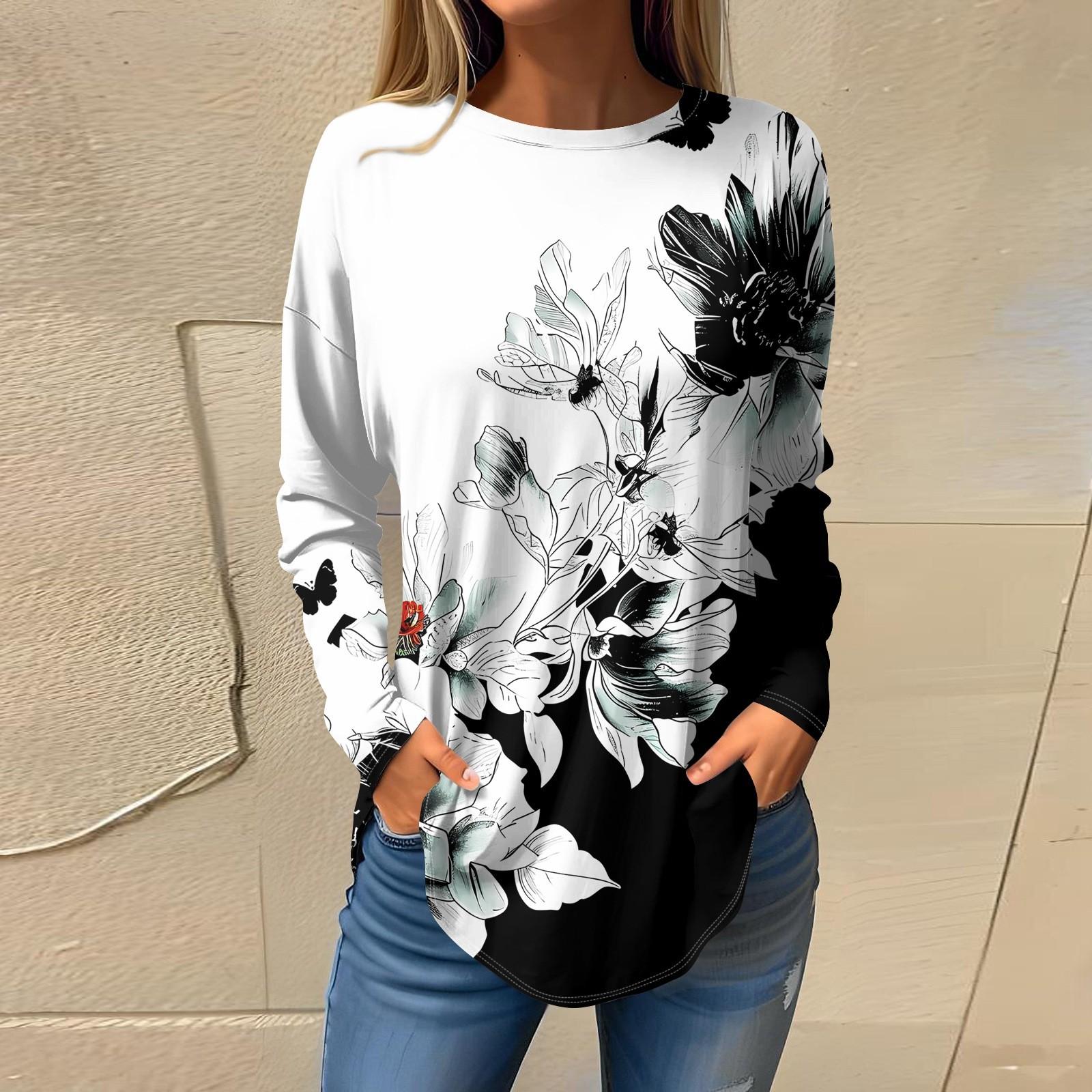 

Женская свободная футболка с длинным рукавом с круглым вырезом и принтом листьев, верхний пуловер XL белый