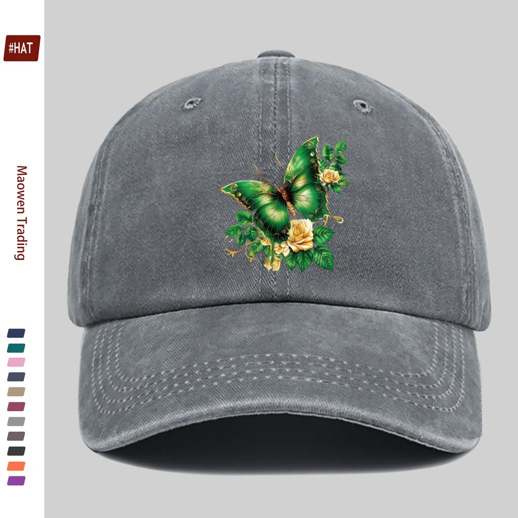Pc Rose and Green Butterfly Print Baseball Cap Suitable for Spring Summer and Autumn Comfortable and Lightweight Sun Hat Wi