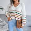 Loose Rainbow Striped Women Sweater V Neck Long Sleeve Fall Winter S-L