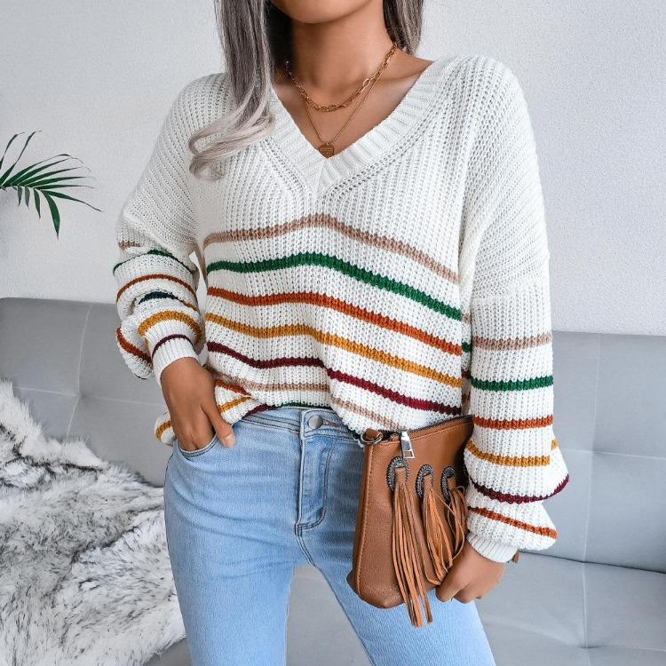 Loose Rainbow Striped Women Sweater V Neck Long Sleeve Fall Winter S-L