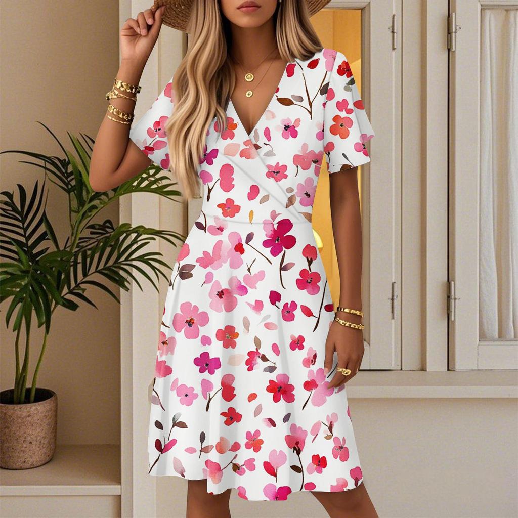 Damen Sommer Mode Blumenmuster Kleid Lässig Strand A-Linie V-Ausschnitt Lockeres Sommerkleid