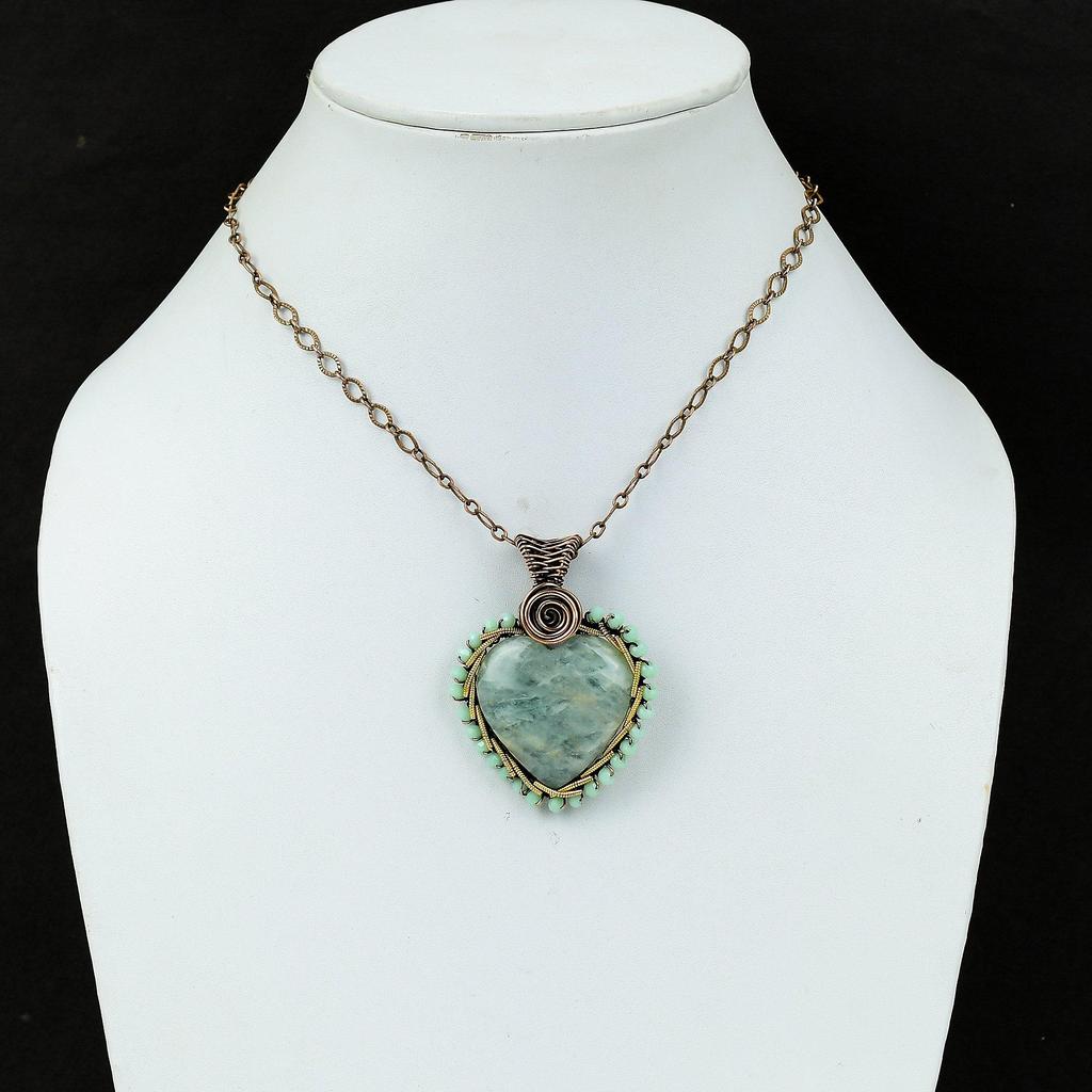 Aquamarine Gemstone Handmade Copper Wire Wrap Jewelry Lovely Heart Shape Pendant For Her