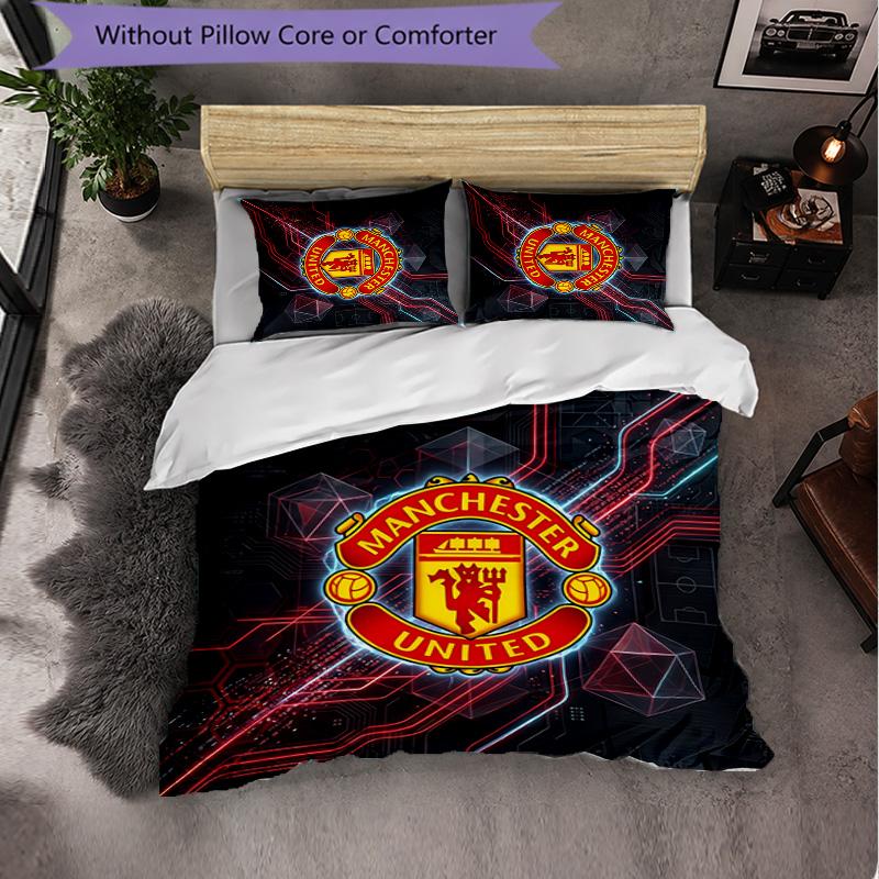 Manchester United Pattern 3 Pieces Bedding Set Soft Microfiber Duvet Cover with Pillow Cases for Bedroom