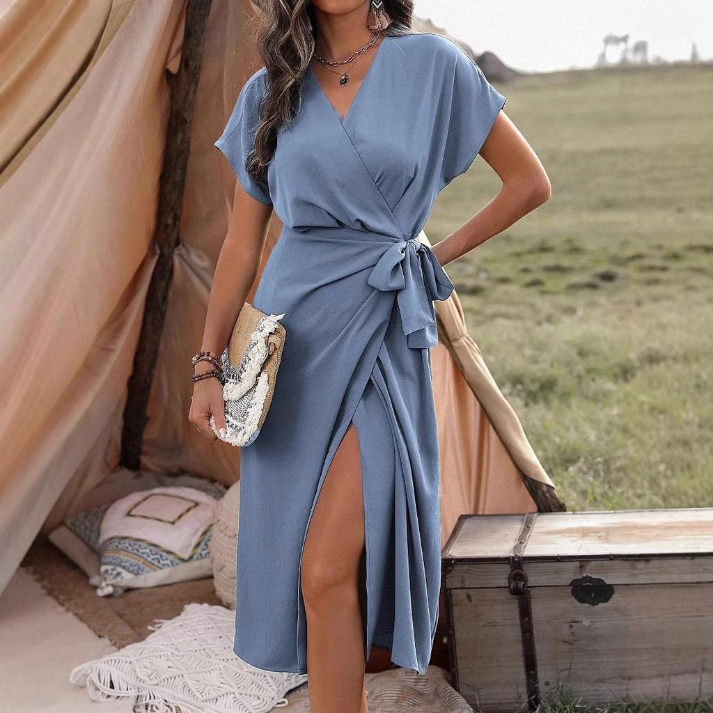 Women's Satin Wrap Dress with Side Slit Solid Color Elegant Bodycon Midi Dress