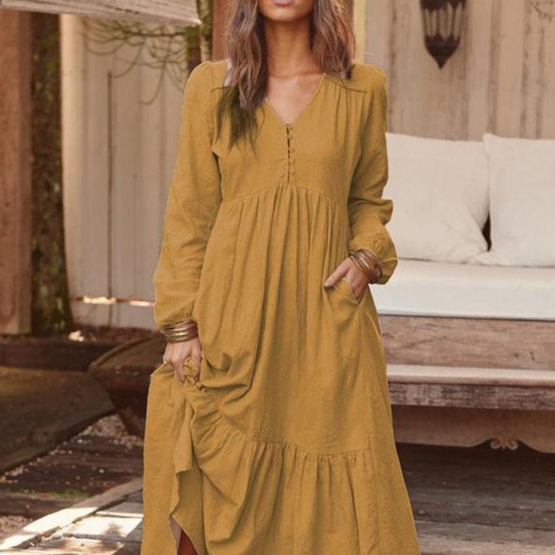 Spring and Autumn Dress Cotton and Hemp Retro Casual Long Sleeve Skirt