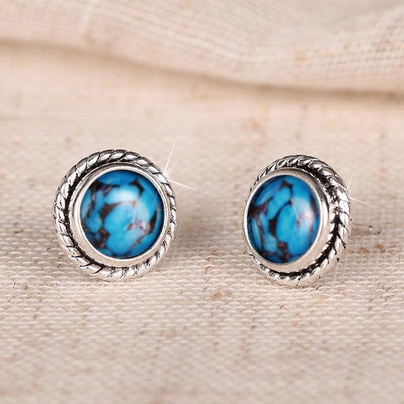 Turquoise composite earrings, Bohemian woven border round women's stone earrings, Western casual jewelry gifts