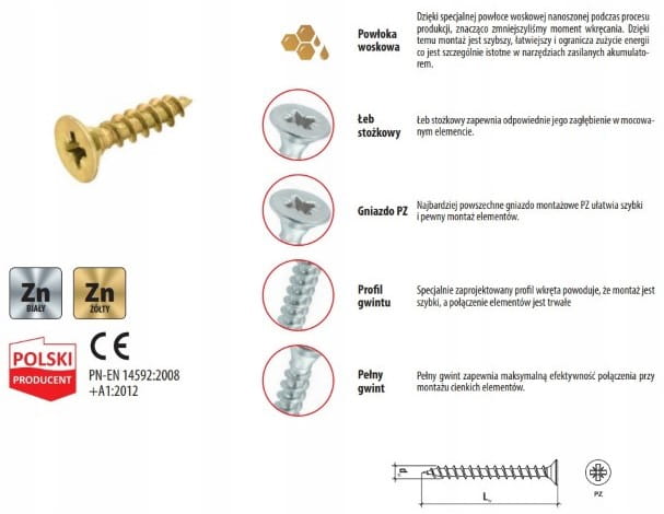 Hardened wood screws 45x60mm 14pcs PZ2 gold