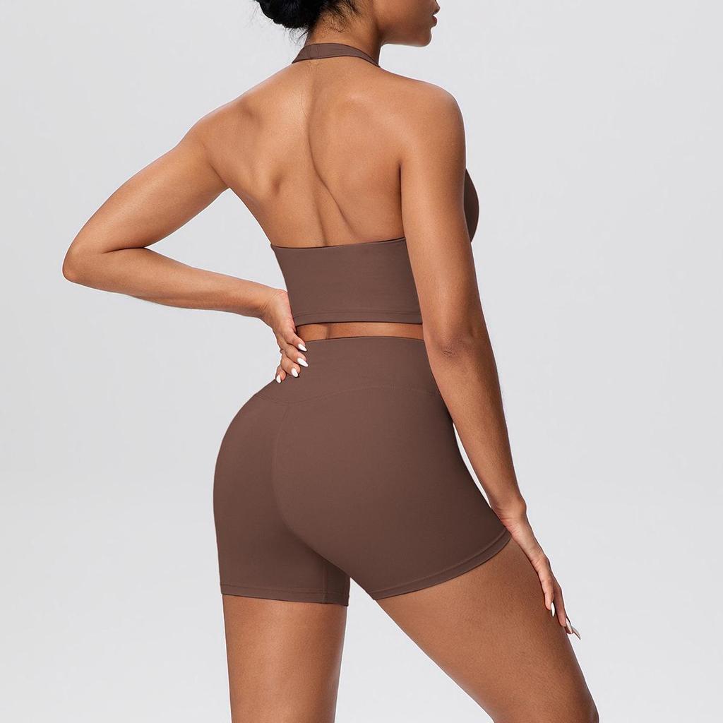 Solid Color Halter Sports Bra & Shorts Fitness Set