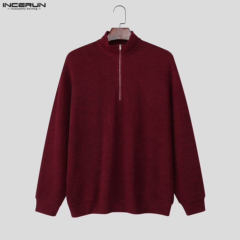 INCERUN Spring Men Stand Neck Long Sleeve Zip-up Texture Rib Knitted Pullovers Tops