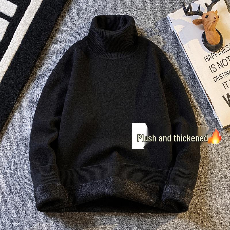 Men's Trendy High Neck Plus Velvet Sweater: Autumn/Winter Solid Color Knit Pullover