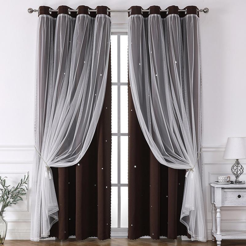 Lace Sheer+Blackout Curtains Double Layer Star-Pattern Drapes Sun Filtering Window Sheers Elegant Living Room Bedroom Decor