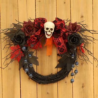 Skull Head Halloween Wreath Wall Front Door Wreath, Artificial Maple, Autumn Harvest Festival
