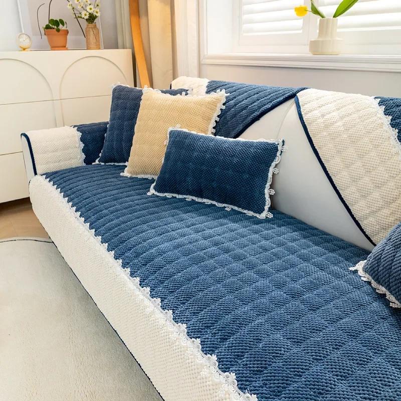 Winter Thicken Plush Sofa Cover White Wide Edge  Chaise Lounge Sofa Towel Mat Modern Non-Slip Couch Cover Cushions Living Room