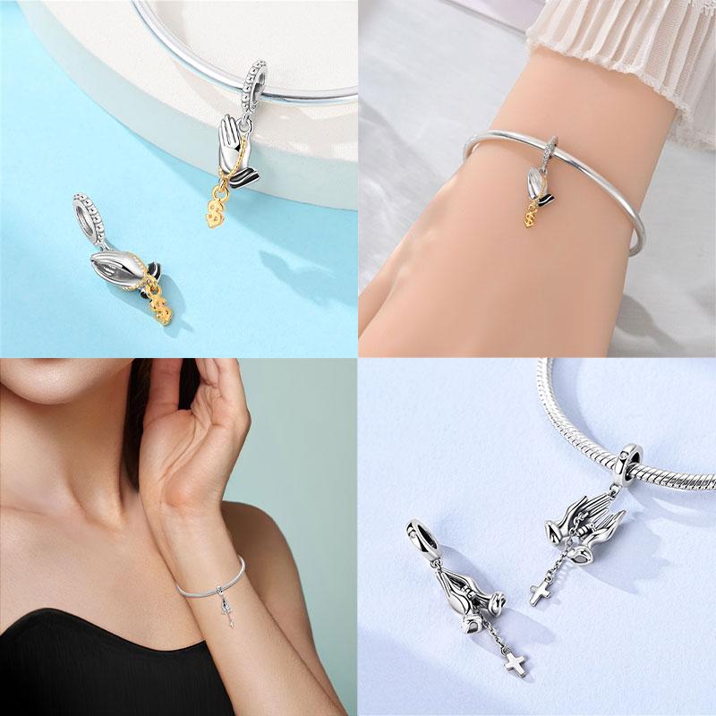 Religious Series Original Charms Beads Copper Prayer Hand Activities Pendant For Woman Fit Bracelet Making Jewelry Diy Gift