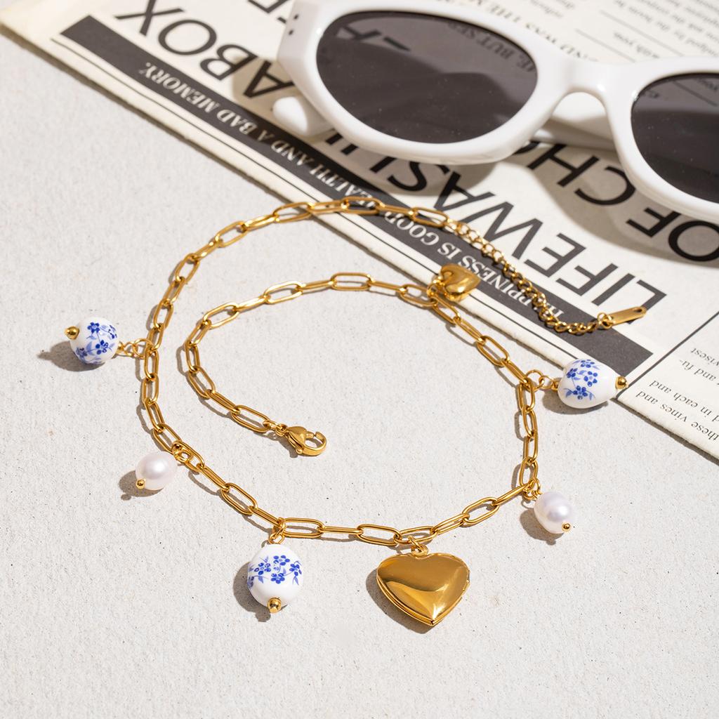 Youthway  Gold Plated Stainless Steel Love Heart Imitation Pearl Ceramics Pendant Necklace Trendy Versatile Accessories Gift
