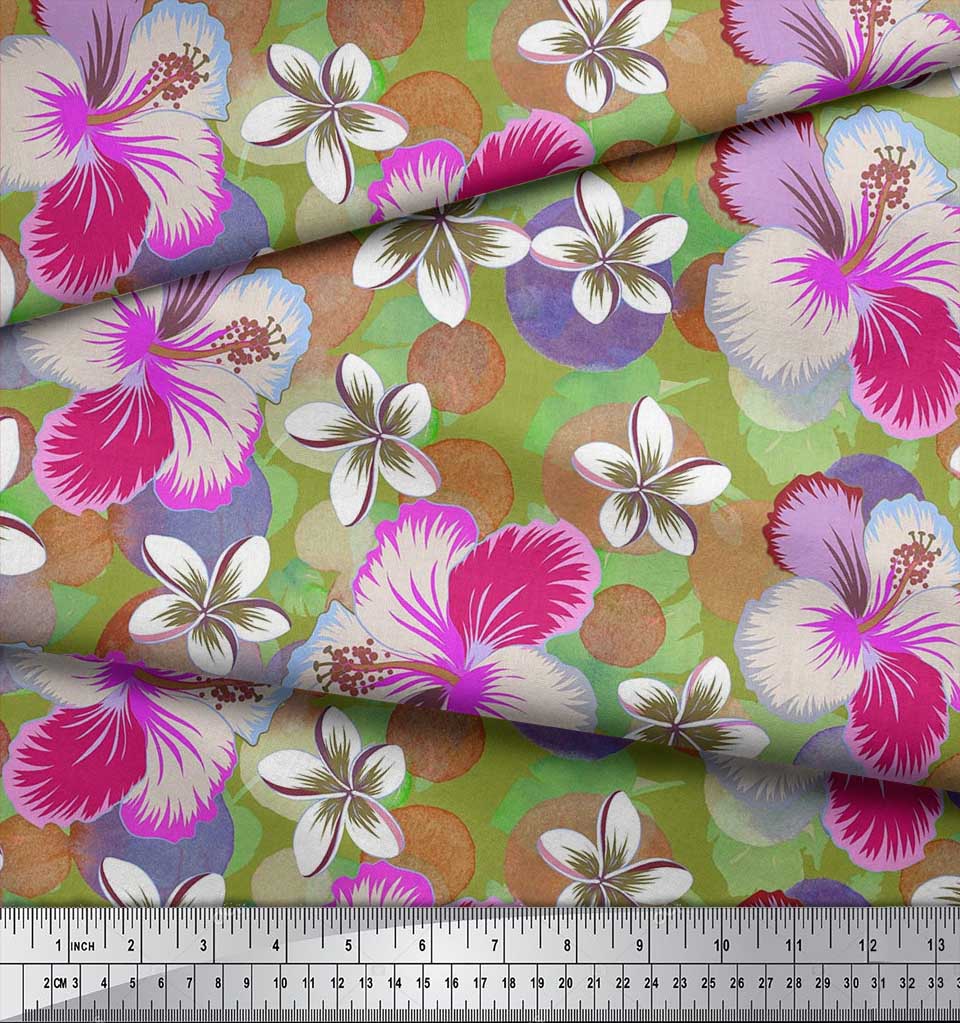 Soimoi Japan Crepe Satin Fabric Leaves & Plumeria Flower Decor Fabric Printed Metre 42 Inch