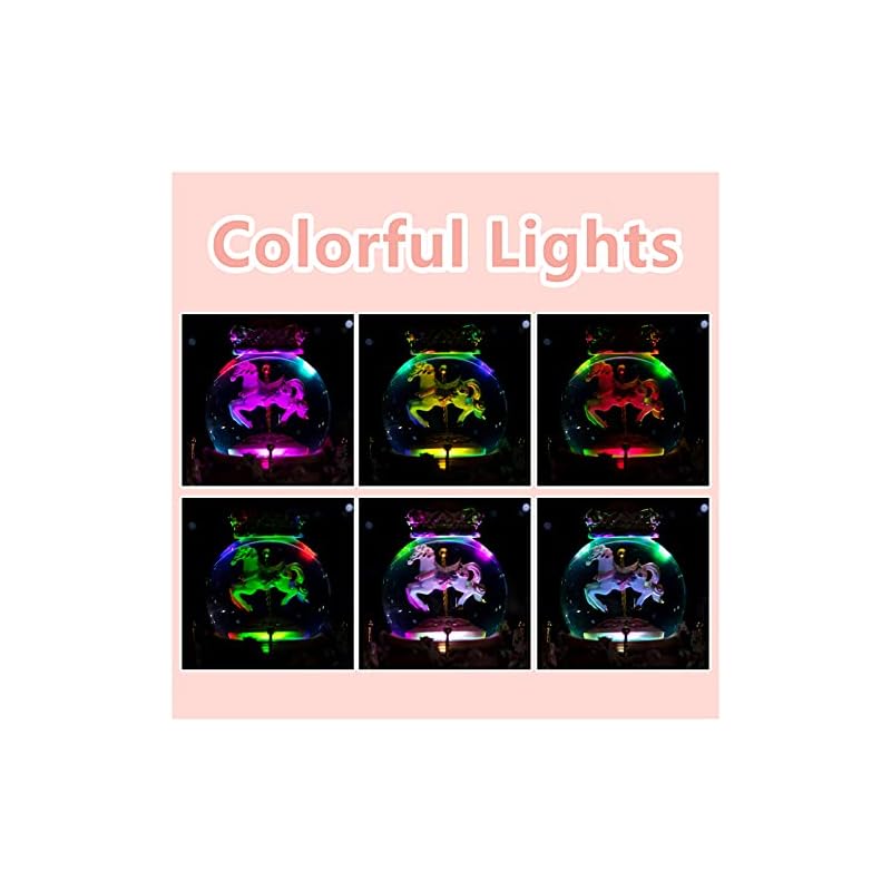 Snow globe with music box, color LED lights, merry-go-round, and crystal balls for automatic snowfall. A popular birthday or Christmas gift for girls,