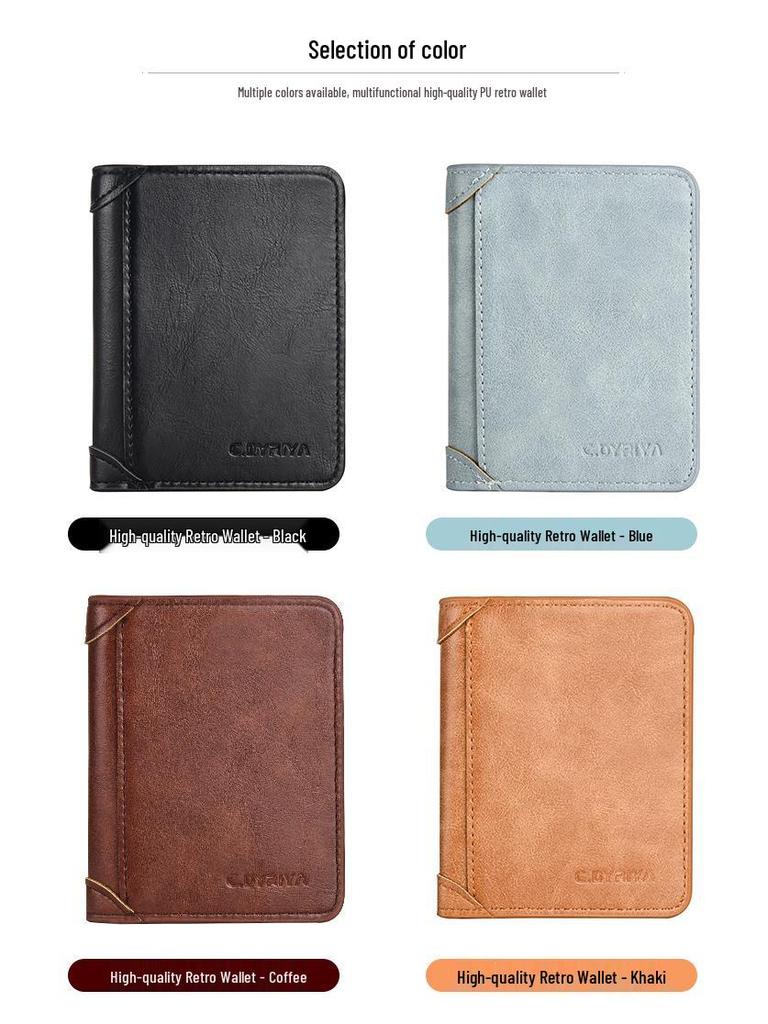 Men's Cross-Border Slim Tri-Fold Leather Wallet with ID and Card Holder