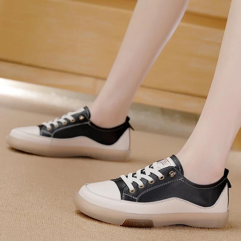 Women Genuine Leather Student Casual Sneaker Ladies Non-Slip Jooging Flats Walking Shoes Fashion Summer Breathable Running Shoes