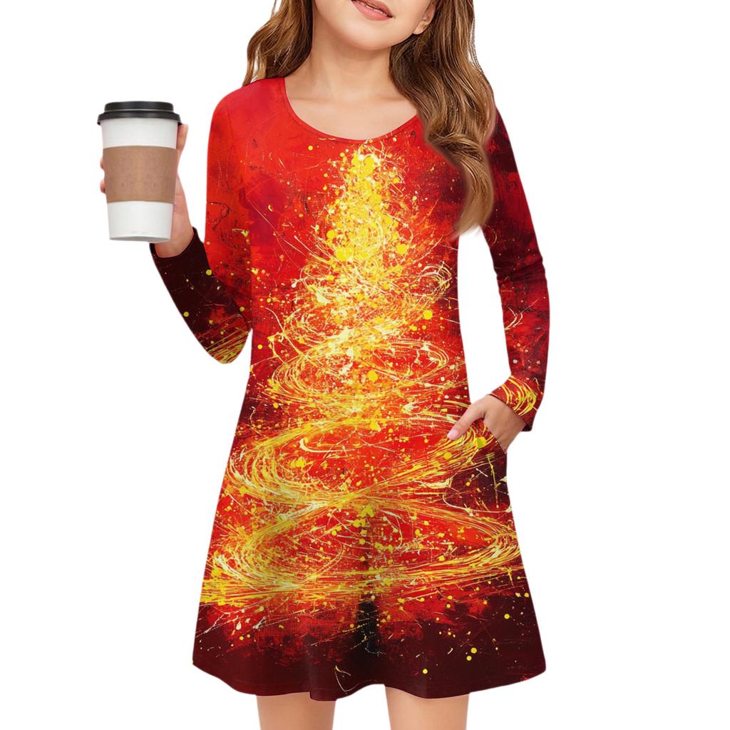 Christmas Day Girls' Long Sleeve Dress - Color Pocket Dress