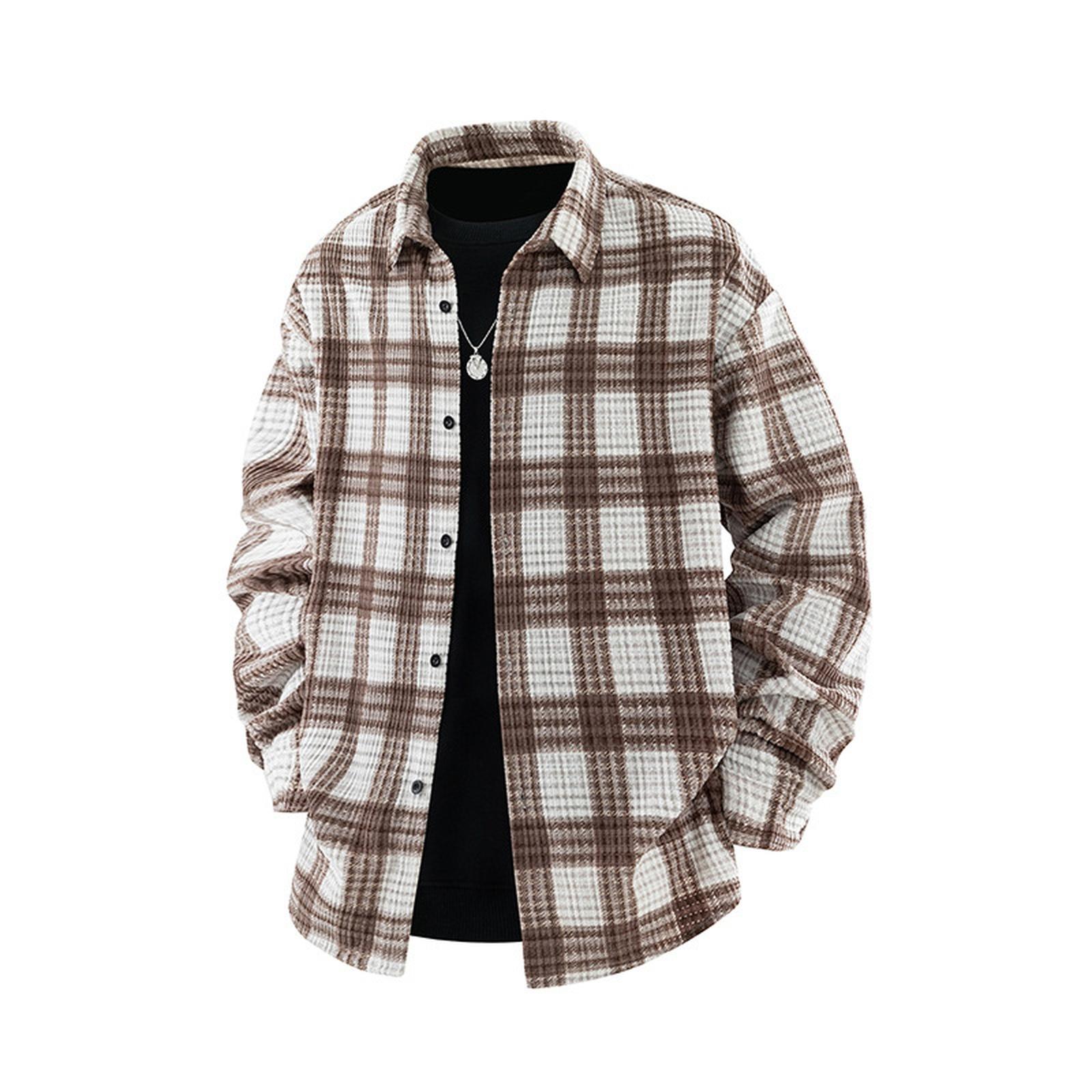 

Men s Loose Plaid Retro Long-sleeved Shirt Jacket Large Size Fashion Casual Cardigan Handsome Shirt M кофейный