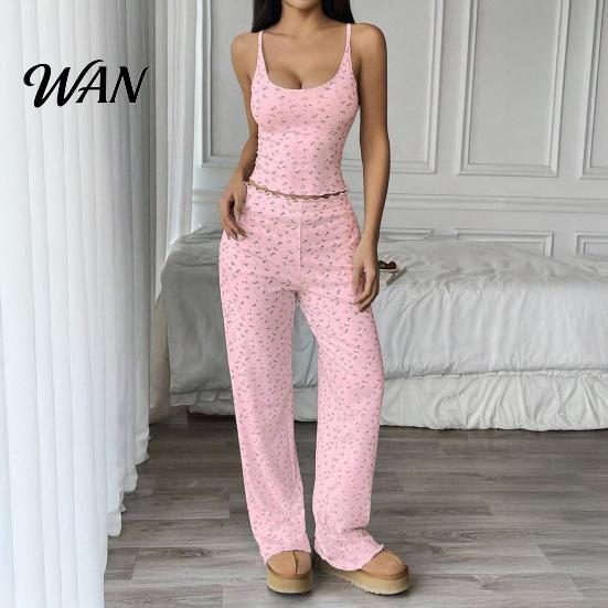 Sweet Floral Lounge Clothes for Weekend Women Pajamas Set with Print, Sleeveless U Neck Lightweight Sleep Sets Vacation Camisole And Pants,