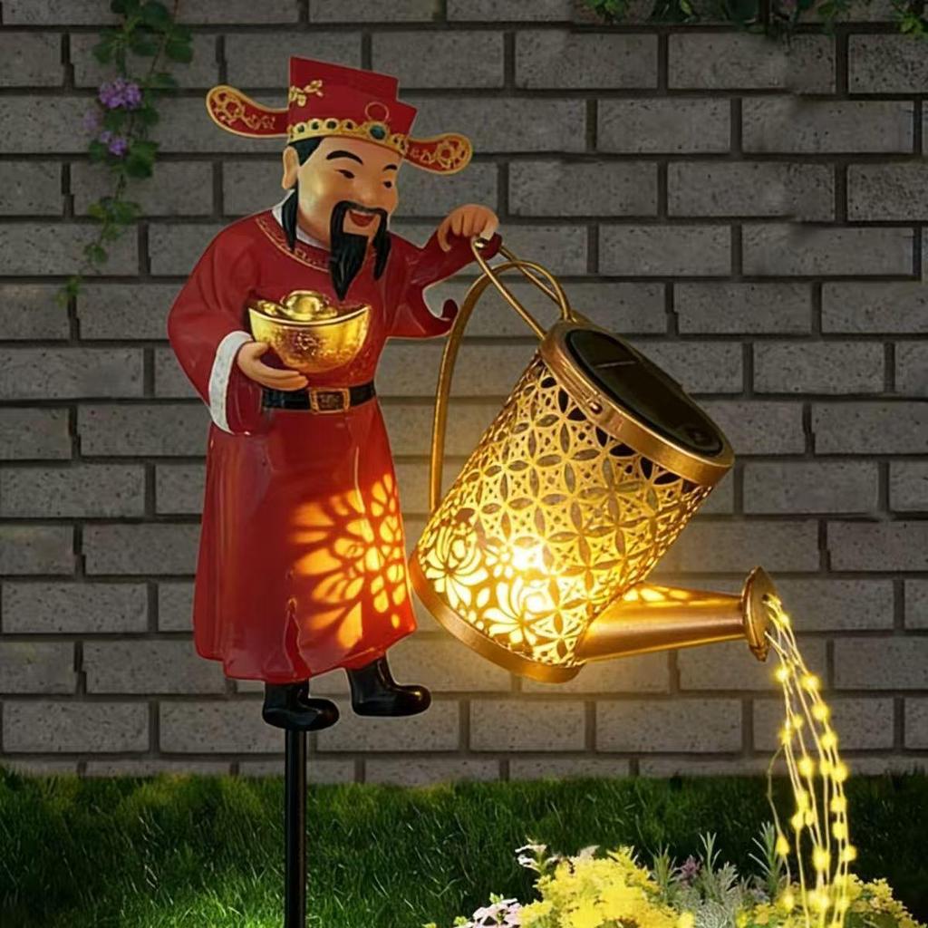 Retro Wrought Iron Solar Kettle Lamp with Copper Coin Design for Outdoor Courtyard Decor