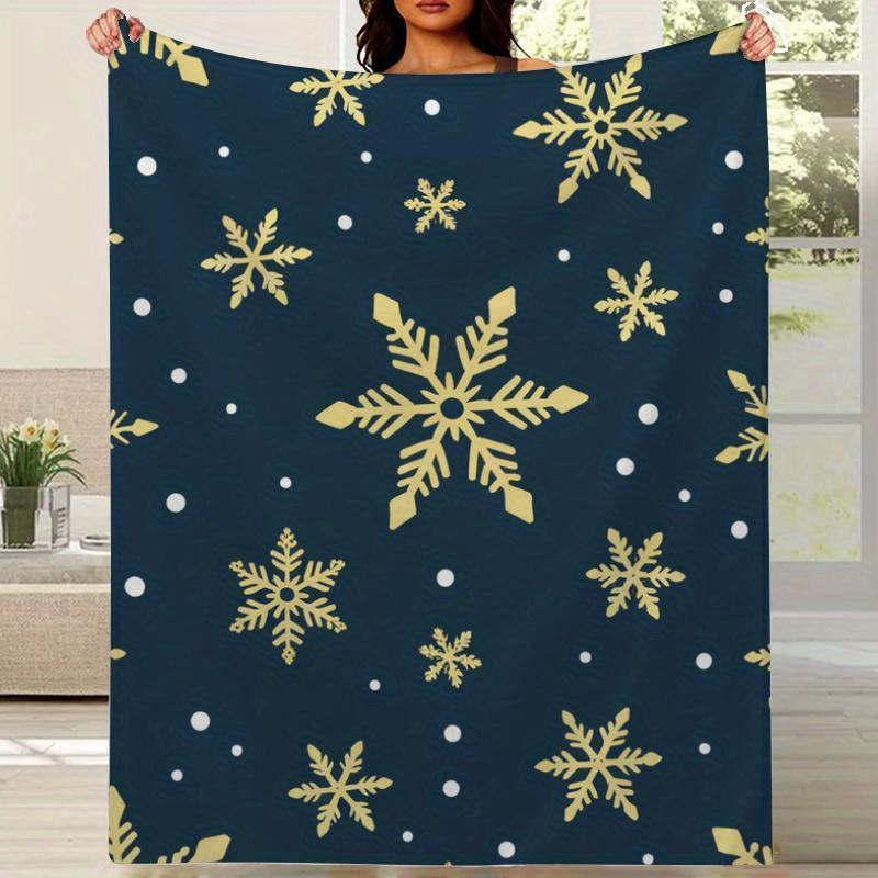 Luxury 280GSM Flannel Blanket - Dark Navy & Golden Snowflake Pattern, All-Season Soft Warm Throw for Bed, Sofa, Travel - Contemp