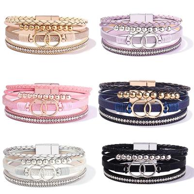 Damen Handgefertigtes Geflochtenes Lederarmband mit Doppelring Magnetverschluss und Strasssteinen