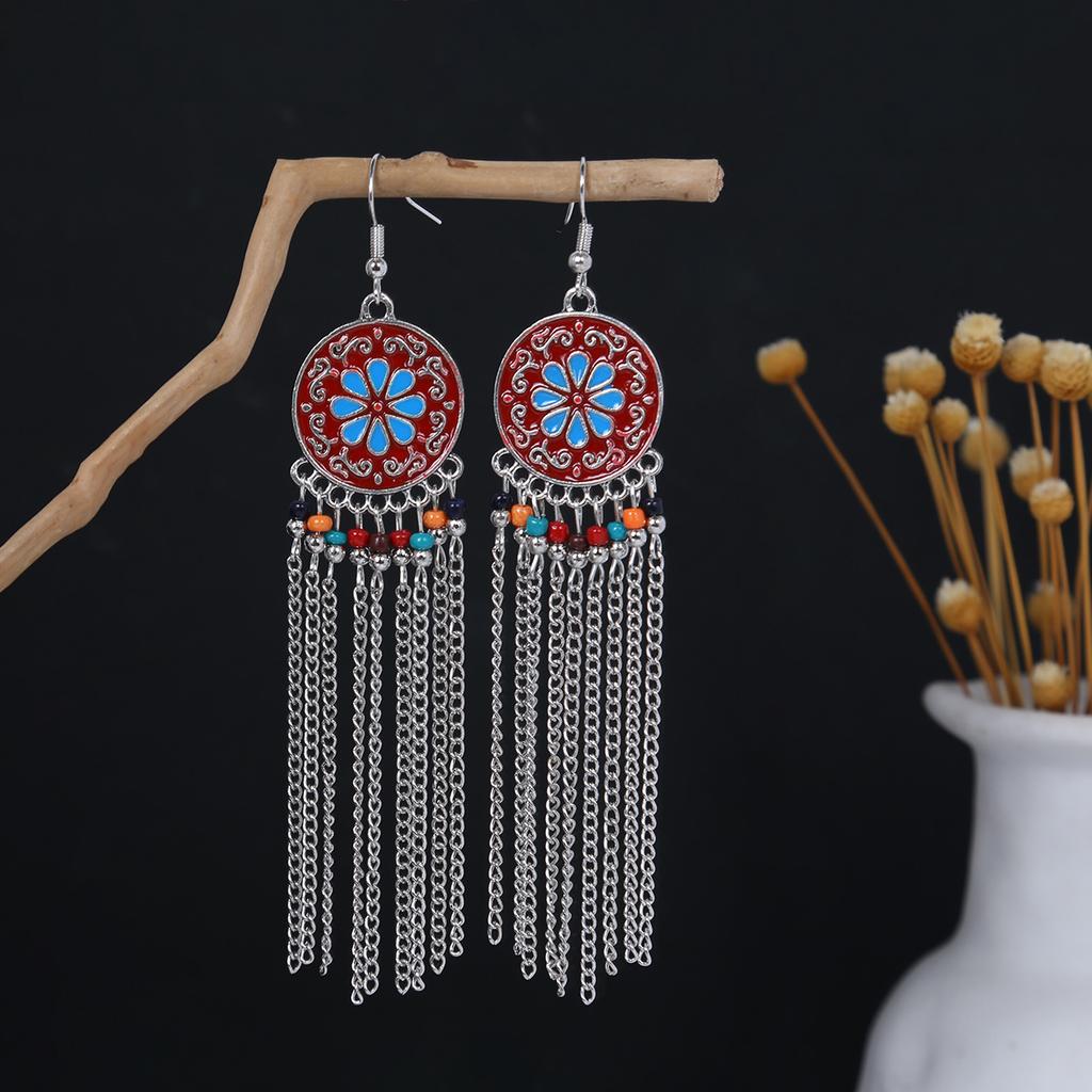 Bohemian Ethnic Style Oval Earrings, Retro Tourist Attractions Ethnic Minority Fringed Beaded Earrings