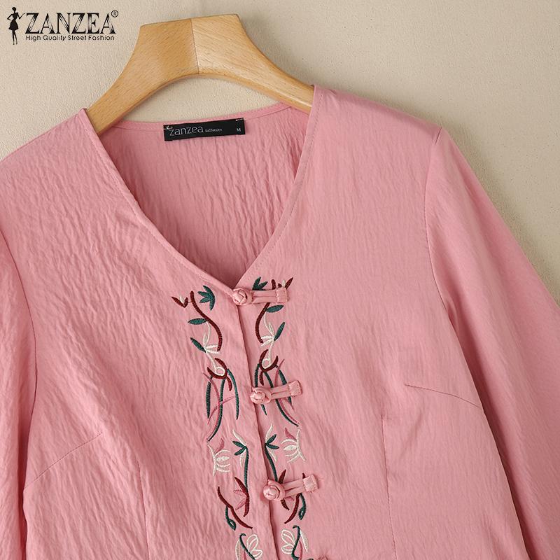 ZANZEA Women Summer V-Neck 3/4 Sleeve Casual Embroidery Blouse