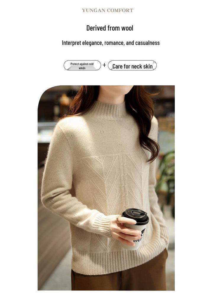 Fall/Winter Women's 100% Pure Wool Heart Jacquard High Neck Sweater Pullover