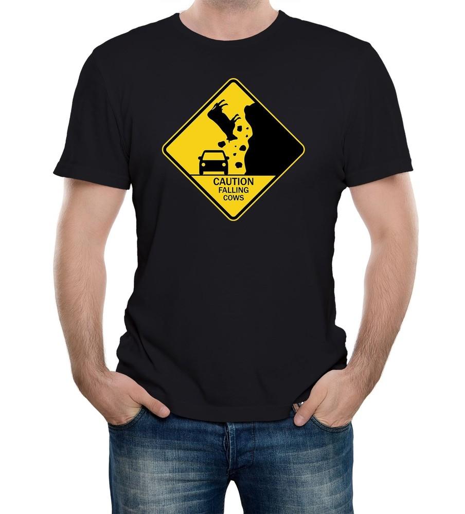 

Caution Falling Cows Mens T-Shirt Funny Joke Animals Rocks Traffic Sign 2XL
