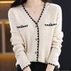 Mercerized Wool Knitted Jacket Spring New Cardigan Women's Loose V-neck Style Long-sleeved Contrast Stitching Top
