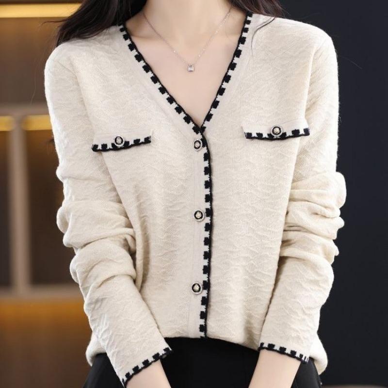 Mercerized Wool Knitted Jacket Spring New Cardigan Women's Loose V-neck Style Long-sleeved Contrast Stitching Top