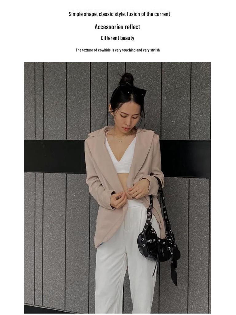 Women's 25 New B Motorcycle Bag: Underarm Rivet Tassel, Three-in-One Crescent Fold Cowhide Shoulder & Messenger Bag