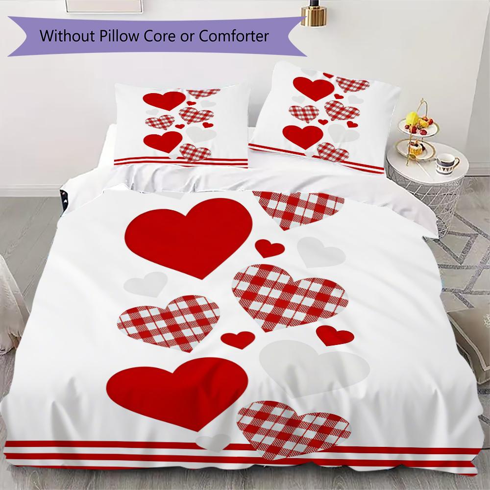Rotes Love-Muster Bettwäsche-Steppdecken-Set Steppdeckenbezug Kissenbezug Heimdekoration Geburtstagsgeschenk (1 * Bettbezug + 2 * Kissenbezug ohne Füllung)