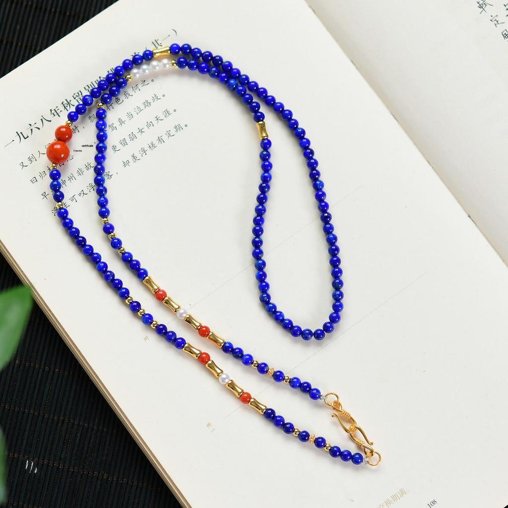 Naturalny Lapis Lazuli i Południowy Czerwony Agat Perłowy Naszyjnik & Bransoletka z Koralików ze Srebra 925 Zestaw